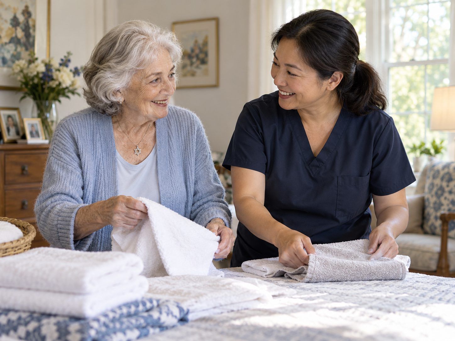 A caregiver and an older woman fold towels together at a table in a bright bedroom