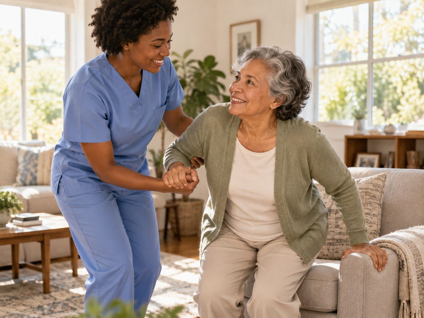 A caregiver steadies an older woman as she rises from a sofa in a sunlit living room