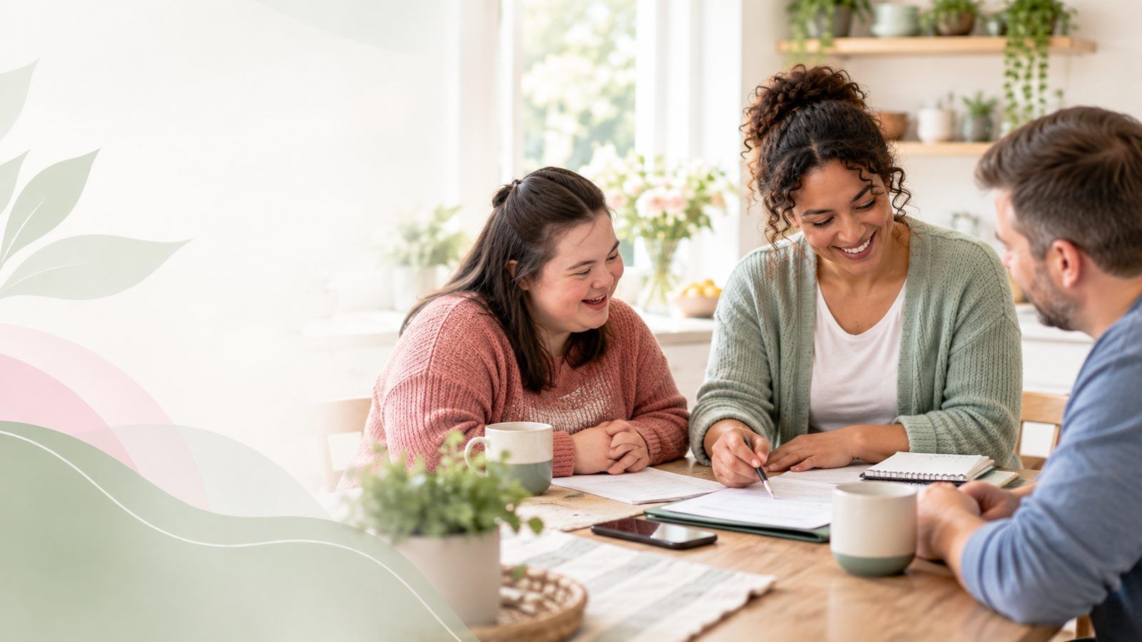A care coordinator goes over a written plan with a young woman and a family member at a sunny kitchen table